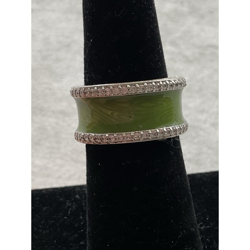 925 Sterling Silver Ring Size 6 Green Enamel Wide Band Estate Jewelry